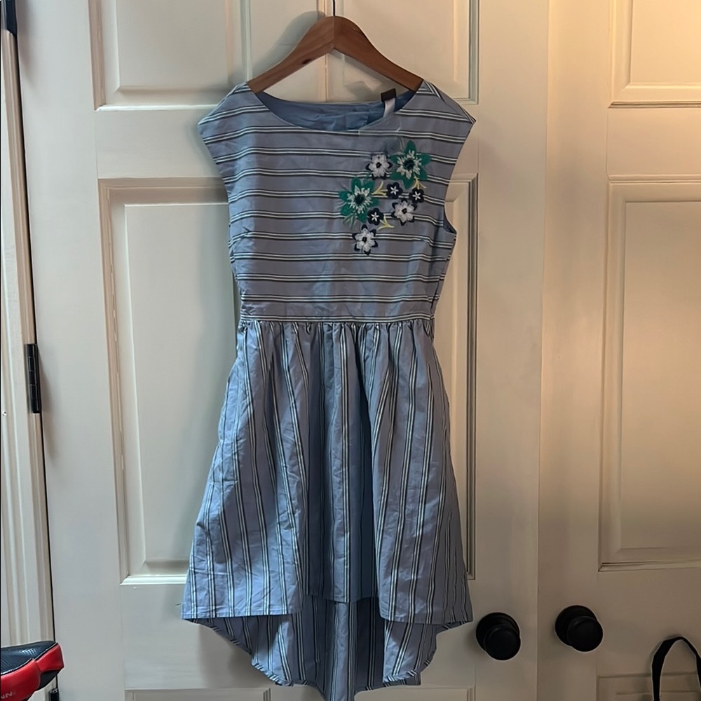 Striped Blue Tea Collection Dress with Floral Embroidery  NWT 12